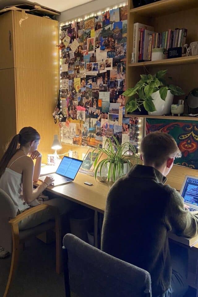 Student working at a desk with fairy lights
