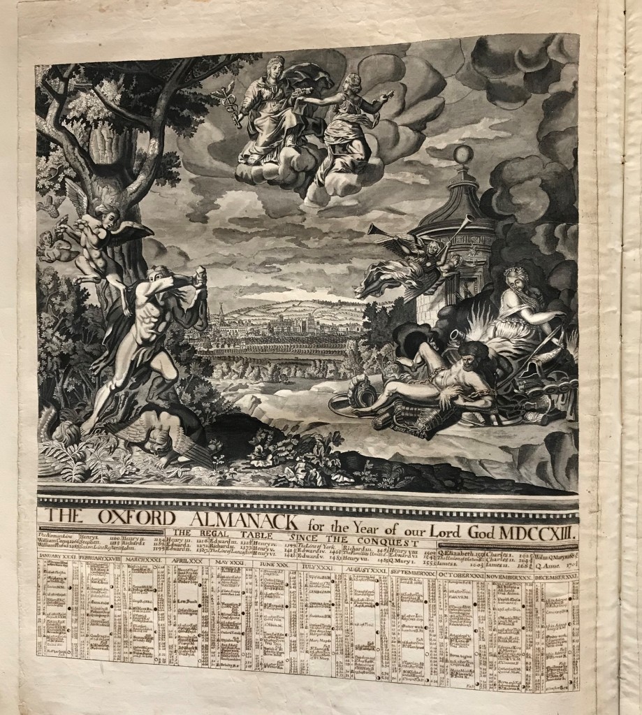 On the left, Hercules fights the Harpies; on the right, Fury or War lies on his weapons.  In the background is a view of Oxford.